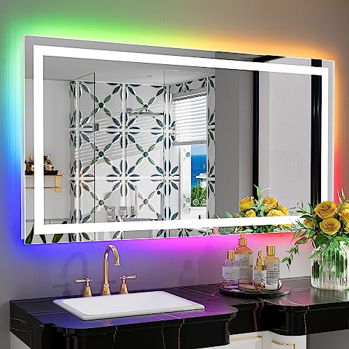 55x30 Inch RGB LED Bathroom Mirror Front Light and RGB Backlit Lighted Vanity Mirror for Bathroom Wall Mounted Dimmable Anti Fog Memory Shatter-Proof IP54 Waterproof Horizontal/Vertical - color: Rgb Backlit+front Lit, size: 55"L x 30"W