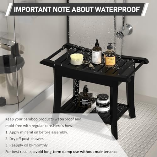 Bamboo Shower Stool Bench Waterproof with Storage Shelf for Shaving Legs or Spa Bath Seat in Bathroom & Inside Shower for Adults Seniors Elderly (24 x 13.4 x 18.5 inches+Black) - size: 24 x 13.4 x 18.5 inches+Black