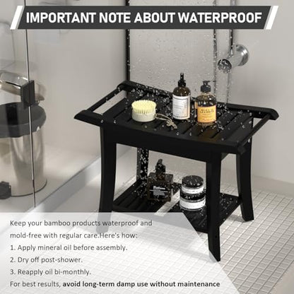 Bamboo Shower Stool Bench Waterproof with Storage Shelf for Shaving Legs or Spa Bath Seat in Bathroom & Inside Shower for Adults Seniors Elderly (24 x 13.4 x 18.5 inches+Black) - size: 24 x 13.4 x 18.5 inches+Black