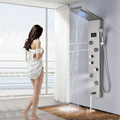 MObyat LED Rainfall Shower Panel Tower Stainless Steel Waterfall Massage Body Jets Set