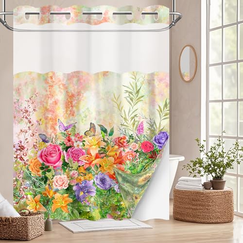 Spring Floral Hookless Shower Curtain with Snap in Liner, Colorful Flower Wildflower Butterfly No Hook Double Layer Shower Curtains and Liner Set, Waterproof Cloth Fabric,60" W X 74" L - color: C-orange, size: 60"W x 74"L (Pack of 1)