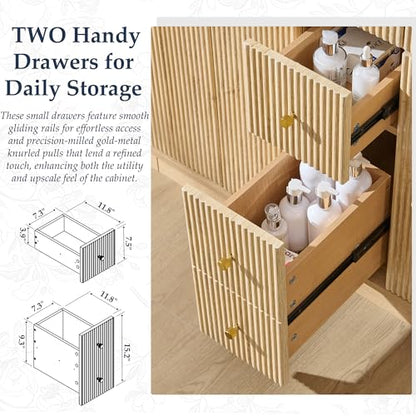 T4TREAM 48" Fluted Bathroom Vanity with Double Sink, Natural Oak | Integrated Resin Sink, 2 Large Storage Cabinets, Adjustable Shelf, 2 Drawers, Three pre-drilled faucet holes, Mid-Century - color: Natural Oak, size: 48" (Bouble Sink)