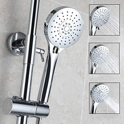 Chrome Thermostatic Rain Shower System with Tub Faucet, Wall Mounted High-Pressure Set with Multifunction Hand-Held Heads