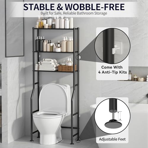 3-Tier Over The Toilet Storage, Freestanding Metal Bathroom Shelves, Space Saver Above The Over Toilet Storage Shelf for Bathroom (Black) - color: Black