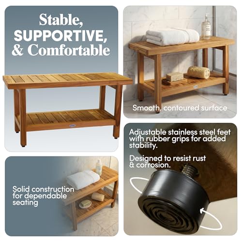 AquaTeak The Original 36" Spa Teak Shower Bench - Shower Stool with Storage Shelf for Bathroom - Durable Water Resistant Shower Chair - Shaving Foot Rest - Indoor & Outdoor Use