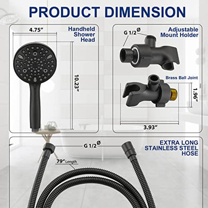 High Pressure 10 Setting Handheld Shower Head, 5" Detachable Showerhead Spray Built-in Power Wash to Clean Tub, Tile & Pets, 79" Extra Long Stainless Steel Hose, Adjustable Bracket - Matte Black - color: Black