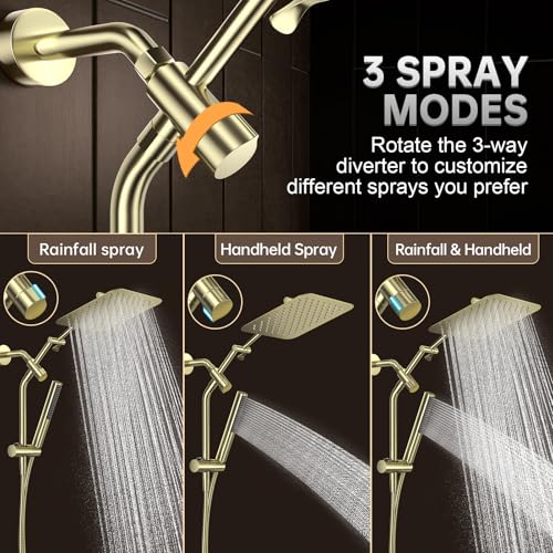 Veken All Metal 10" Luxurious Brushed Gold Rain Shower Head with Handheld | Dual High Pressure Shower Heads,Double Detachable Showerhead, Square Adjustable Rainfall,Bathroom Upgrade,Best Showerheads - color: Gold-brushed, size: 10 Inch