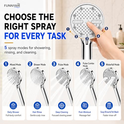 High Pressure Shower Head, Stick-on Low Mount Wall Bracket, Chrome | 5 Spray Modes, Water-Saving, 360° Adjustable Bracket, For Low Water Pressure Home, RV, Bathroom, Fix Firmly Kid-Friendly - color: Chrome