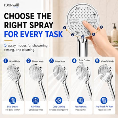 High Pressure Shower Head, Stick-on Low Mount Wall Bracket, Chrome | 5 Spray Modes, Water-Saving, 360° Adjustable Bracket, For Low Water Pressure Home, RV, Bathroom, Fix Firmly Kid-Friendly - color: Chrome
