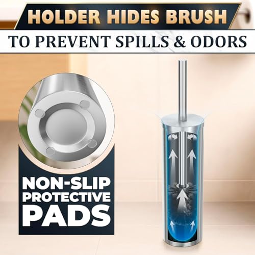 Toilet Brush and Holder Set, Stainless Steel Material (Silver) | Toilet Brush with Holder Set for Bathroom, Splash Protection & Dense Bristles for Bathroom Cleaning, Removable Inner Bowl