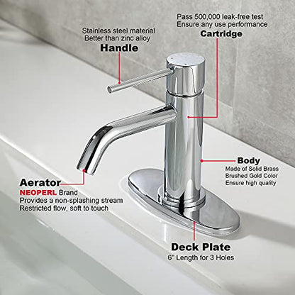 Bathroom Faucet Chrome Single Hole, JXMMP Single Handle Bathroom Faucets for Sink with Pop Up Drain Assembly and 6 inch Deck Plate - color: Chrome, size: Faucet with Deck Plate