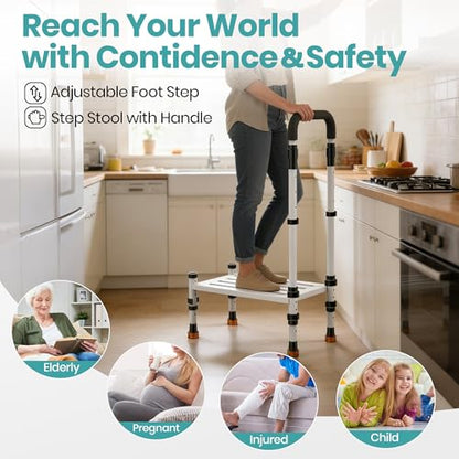 Medical Step Stool, Wide Platform, Adjustable Handrail & Legs | Adjustable handrail(32.5”-40.4”) & sturdy steel frame. 800 lb capacity. Use on bed, car SUV & bathroom. Safe for seniors. - color: Classic White