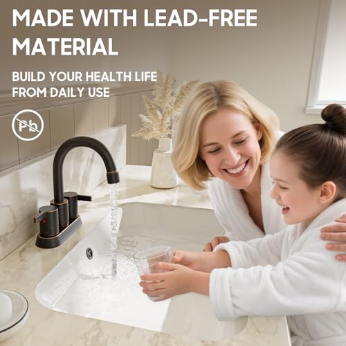 Phiestina 2 or 3 Holes Oil Rubbed Bronze 4 Inch 2 Handle Centerset Lead-Free Bathroom Sink Faucet, 360 Degree Swivel Spout with Copper Pop Up Drain and 2 Water Supply Lines, BF015-1-ORB - color: Oil Rubbed Bronze