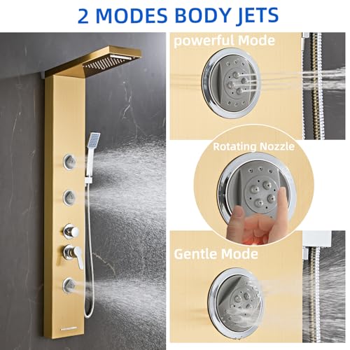6 in1 Multi-Function Shower Panel Tower System-Brushed Gold | 304 stainless steel Shower Panel Column Tower with Powerful Body Massage, Rainfall, Waterfall,Handheld and Tub Spout - color: Brushed Gold, style: HSY-003