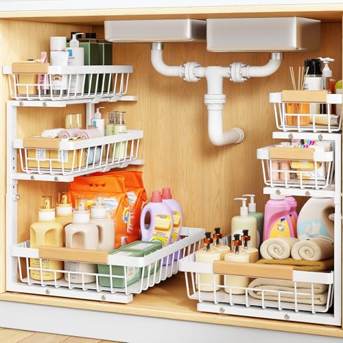 PXRACK Under Sink Organizer, 2-Pack 3-Tier Height Adjustable Thickened Metal Pull out Cabinet Organizer Shelf, Slide out Storage Drawer Rack for Bathroom Kitchen Pantry Home Organization, White - color: White, size: 2-Pack