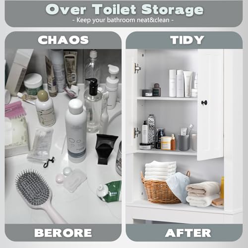 Over The Toilet Storage Cabinet, Bathroom Storage Cabinet Organizer with Double Doors and Adjustable Shelf, 23.62x7.72x67.32 inch,Bathroom Space Saver,White