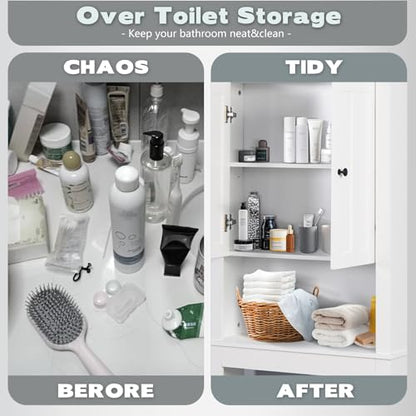 Over The Toilet Storage Cabinet, Bathroom Storage Cabinet Organizer with Double Doors and Adjustable Shelf, 23.62x7.72x67.32 inch,Bathroom Space Saver,White