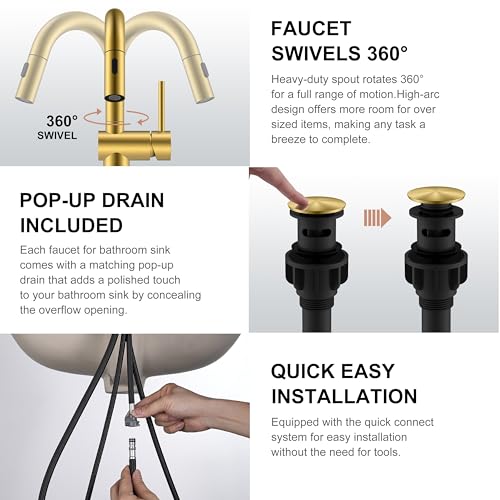 Brushed Gold 1 Handle Tall Vessel Sink Faucet with Pull Down Sprayer | Vessel Bowl Faucet with Pop Up Drain & Supply Lines, Lead-Free cUPC & NSF Certified, 1 Hole Faucet for Vanity RV Restroom - color: Brushed Gold, size: Tall