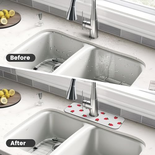 Strawberry Print Strawberries Kitchen Sink Splash Guard Faucet Mat Super Absorbent Fast Drying Mat Sink Gadgets-Fast Drying Pad Sink Mat For Kitchen Bathroom (15" X 5.5" ) - color: Strawberry