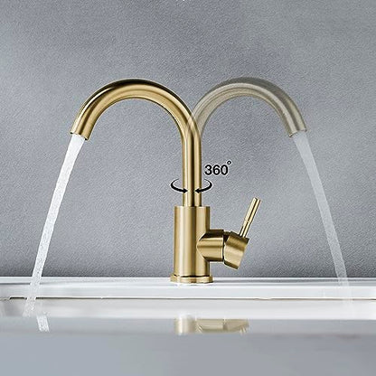 Wet Bar Sink Faucet Single Hole Brushed Gold, Modern Single Handle Bathroom Sink Faucet Commercial Stainless Steel Prep Sink Faucet - color: Brushed Gold, size: No drain