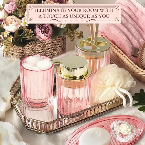 CERBIOR Bathroom Accessories Set, 4 PCS Glass Bathroom Set,Golden Pink | Includes Soap Dispenser, Toothbrush Holder, Toothbrush Cup, Soap Dish for Decorative Countertop and Housewarming Gift - style: Grey Pink