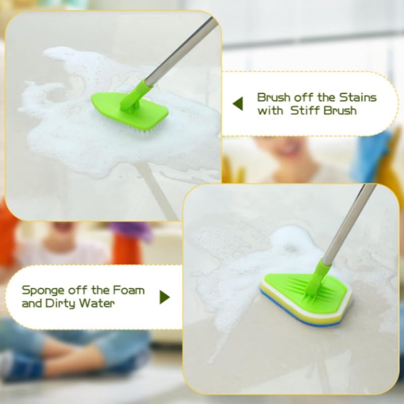 Long Handle Scrub Brush for Shower, 4-in-1 Cleaning Brushes with 4 Different Function Cleaning Heads Brush and Floor Squeegee Shower Cleaner Brush Mini Mop