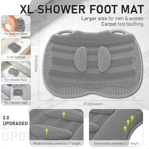 Shower Foot Scrubber Mat in Shower, XL Silicone 3D Feet Bath Washer | For Shower Floor Bathtub Non-slip Suction Cups without Bending, Upgraded Brush Massage Exfoliate Toes Cleaner, 17.4*13" Grey - color: 17*13.39" Grey