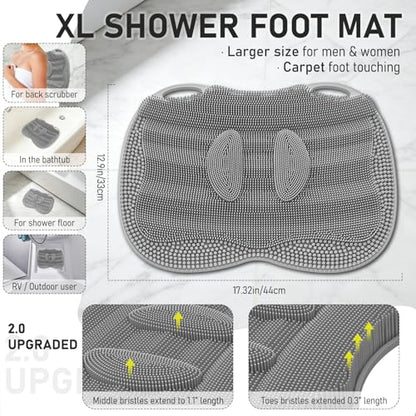 Shower Foot Scrubber Mat in Shower, XL Silicone 3D Feet Bath Washer | For Shower Floor Bathtub Non-slip Suction Cups without Bending, Upgraded Brush Massage Exfoliate Toes Cleaner, 17.4*13" Grey - color: 17*13.39" Grey