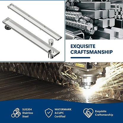 Neodrain 28In Offset Linear Shower Drain w/Tile Insert Grate Cover, Brushed | 304 Stainless Steel Rectangle Side Outlet Shower Floor Drain, Adjustable Leveling Foot, Hair Strainer/Catcher - color: Brushed-tile Insert Cover, size: 28 IN