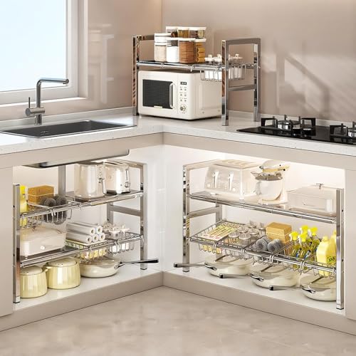 Large Under Sink Organizer 2 Tier Expandable Heavy Stainless Steel Shelf Adjustable Height for Under Kitchen Bathroom Sink Organizers and Storage (Large Size: 4 Panels 4 Storage Baskets) - size: Large size: 4 panels 4 storage baskets