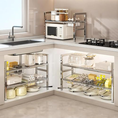 Large Under Sink Organizer 2 Tier Expandable Heavy Stainless Steel Shelf Adjustable Height for Under Kitchen Bathroom Sink Organizers and Storage (Large Size: 4 Panels 4 Storage Baskets) - size: Large size: 4 panels 4 storage baskets