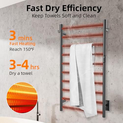 P&Dlusir EL13 Heated Towel Rack, Matte Black, 10 Bar | Fast Heat in 2 Min, Smart Timer, Thermo Control, Memory Functoion, Stainless Steel, Hard-Wired/Plug-in - color: Matte Black, size: 21.65"W x 39.37"H