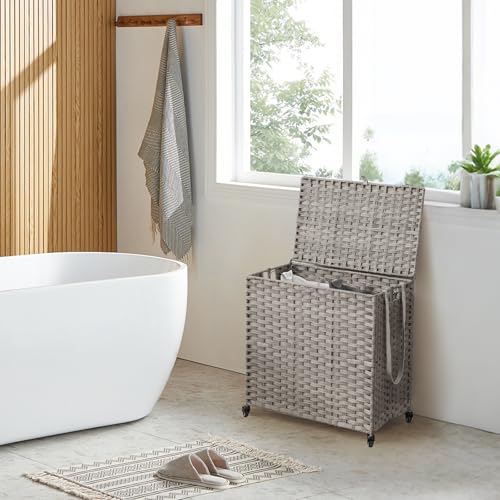 Laundry Hamper with Wheels, 39.6 Gallon(150L) Rolling Laundry Basket with Lid, Removable Large 2 Color Liners & 3 Mesh Laundry Bags, Clothes Hamper with Side Pocket, Grey - color: Grey, size: 23.62"L x 15.75"W x 25.6"H