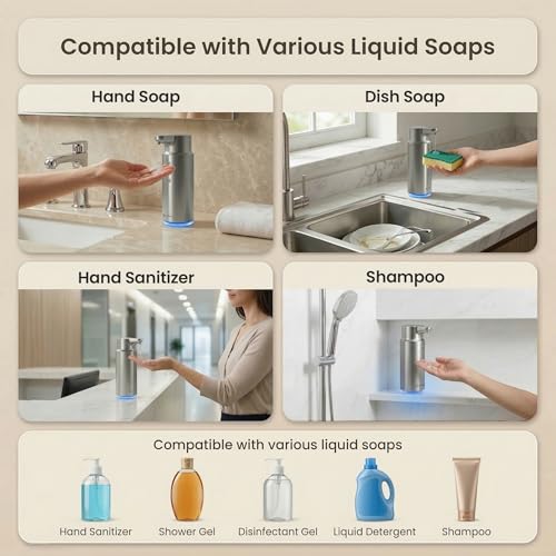 GentleJet CrystalJet Automatic Liquid Soap Dispenser Touchless Sensor, Stainless Steel, USB-C Rechargeable, Waterproof Kitchen & Bathroom Countertop Soap Dispenser, 300 ml - color: Silver