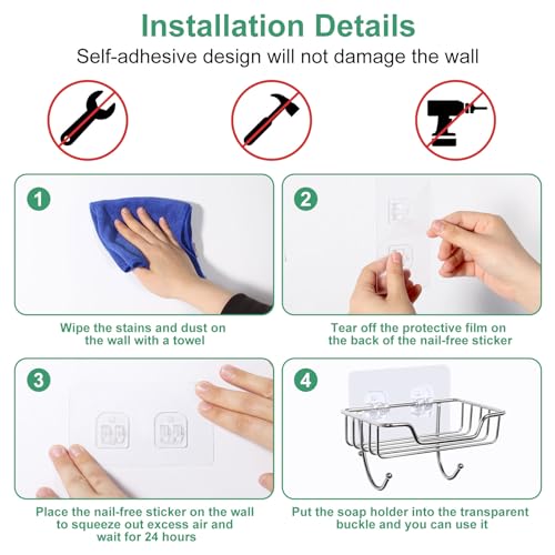 Uten Soap Dish Holder, 304 Rustproof Stainless Steel, No Drilling, Wall Mounted Soap Holder Soap Tray Bar Soap Sponge Holder for Bathroom & Kitchen(Pack 2) - color: Light Sliver / Hook, size: 2 Pack