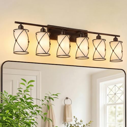 6-Light Oil Rubbed Bronze Bathroom Light Fixtures with Milk Frosted Glass, 42" Modern Bathroom Vanity Lighting Fixtures Over Mirror with Metal Cage, Wall Sconce Lights for Bath, CH9176ORBW-6W - color: Bronze + Milk Glass, size: 6-Light, 42" L