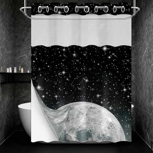Star Moon Hookless Shower Curtain with Snap in Liner, Space Black and White Watercolor Night Sky Galaxy No Hook Double Layer Shower Curtains and Liner Set, Waterproof Cloth Fabric 71" W X 74" L - color: Black, size: 71"W x 74"L (Pack of 1)