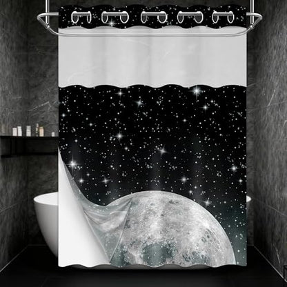 Star Moon Hookless Shower Curtain with Snap in Liner, Space Black and White Watercolor Night Sky Galaxy No Hook Double Layer Shower Curtains and Liner Set, Waterproof Cloth Fabric 71" W X 74" L - color: Black, size: 71"W x 74"L (Pack of 1)