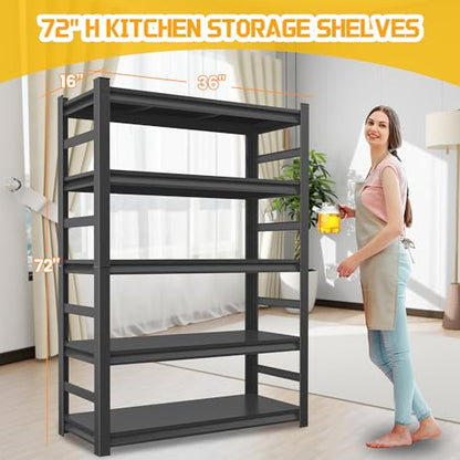 Kitchen Storage Shelves, Heavy Duty Shelving Unit, 5-Tier Adjustable Pantry Shelf, Food and Beverage Storage Shelves, Durable Metal Shelving, Appliance Storage, Black (36" W*16" D*72" H) - size: With Fences-5 Tier-72"H*36"W*16"D