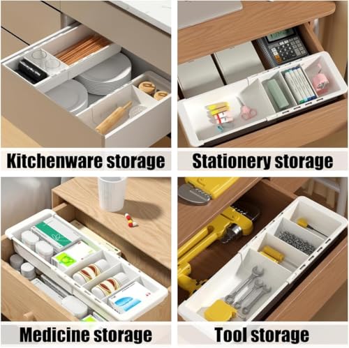 2 PCS Sliding Drawer Tray with Adjustable Dividers | Expandable Kitchen Storage Organizer, Sliding Drawer Bin, Expandable Drawer Organizer Trays For Utensils, Flatware, Junks
