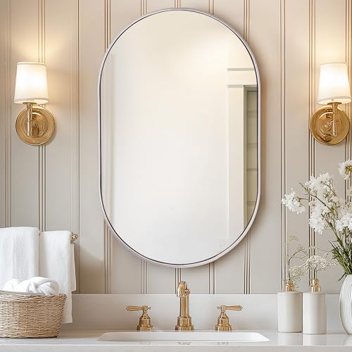 DlandHome Oval Bathroom Medicine Cabinet with Mirror, 34”x20” Recessed Medicine Cabinet for Bathroom with Beveled Edge Mirror, Silver - color: Silver