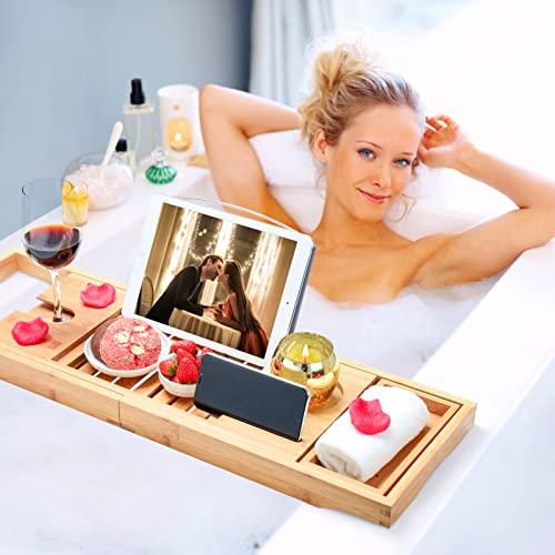 Heavy Duty Bathtub Tray Expandable, Home Luxury Bath Adjustable Bamboo Bathtub Caddy Tray for Tub, Handmade Bath Accessories