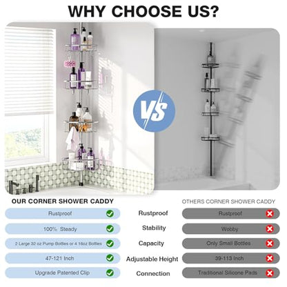 Corner Shower Caddy Tension Pole: Stainless Steel Rustproof 4-Tier Shower Organizer - 47-121 inch Adjustable Bathroom Shelves for Bathtub Shampoo Storage - Tension Rod Floor Standing Bath Rack - style: A Style-Silver