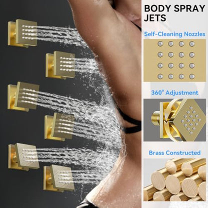 Brushed Gold Shower System with Body Jets, STARBATH 12 Inch Rainfall Shower System and 2 in 1 Handheld Spray Shower Jets System in Wall, Complete Wall Mounted 3 Way Shower Faucet Set with Valve Kit - color: Gold, size: 12"-03