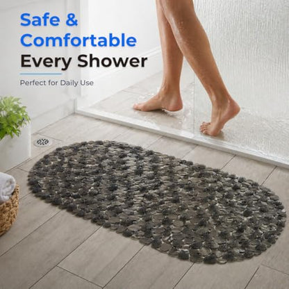 Bath Bliss Non-Slip Pebble Bathtub Mat 18x36 Oval Smoke Color | Suction Cup Shower Mat with Drain Holes | Machine Washable Anti-Slip Tub Mat - color: Smoke