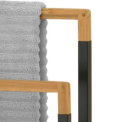 MyGift 33 Inch Standing Towel Rack, Freestanding Bath Towel Holder with 3 Tier Bamboo Wood Bar and Black Chrome Plated Metal, Drying Rack Stand for Bathroom, Laundry - size: 3 Tiers