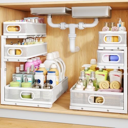Under Sink Organizer, 3-Tier Thickened Metal Pull out Cabinet Organizer Shelf, Height Adjustable Slide out Storage Drawer Rack for Kitchen Bathroom Pantry Laundry Home Organization, 2-Pack, White | 35% Extra Storage Capacity, Carbon Steel, Hold Up 55lbs,