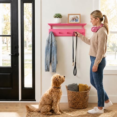 Matías Coat Rack Wall Mount with Shelf, 18 Inch Solid Wood Peg Rail, Wall Mounted Coat Rack with 5 Hooks, Wall Mount Shelf for Entryway, Bathroom or Bedroom (Pink) - color: Pink