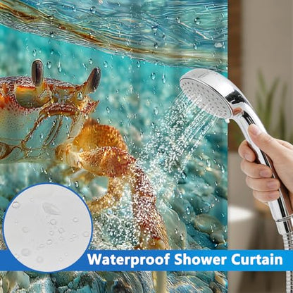 No Hook Shower Curtains for Bathroom, Beach Crab Themed Summer Shower Curtain with Snap in Liner, Mesh Top Window and Weighted Hem, Easy to Install Heavy Shower Curtain No Hooks Needed, 71x74 Inches - color: Crab