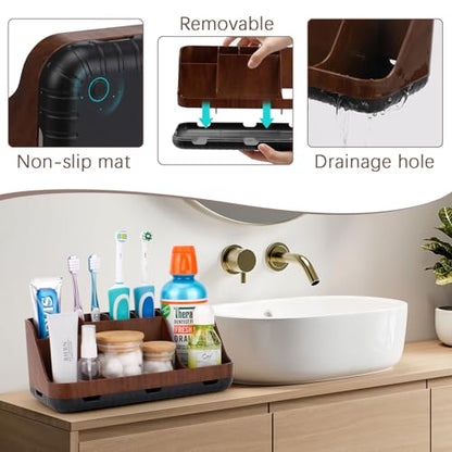 GFWARE Wood Toothbrush Holders for Bathroom Organizer with Drain Holes | Detachable 7 Slots Kid Electric Toothbrush and Toothpaste Holder, Bathroom Sink, Caddy, Tray, Vanity Storage Wood-Look, Brown - color: Wood Brown